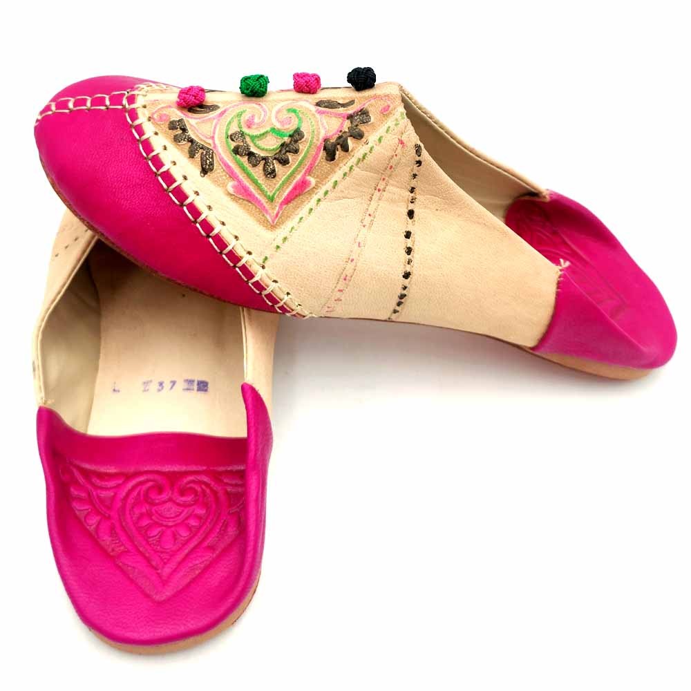 Babucha Marroquí Mujer - Color Rosa - Artesanía Marroquí Cuero Autentico - Modelo Azrar