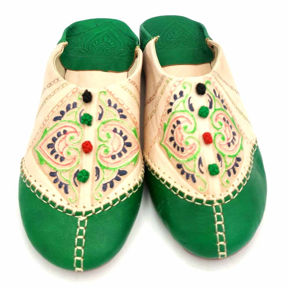 Babucha Marroquí Mujer - Color Verde - Artesanía Marroquí Cuero Autentico - Modelo Azrar
