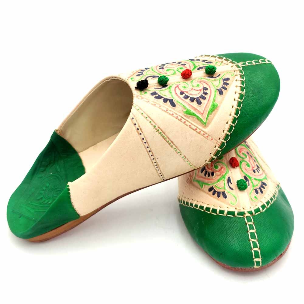 Babucha Marroquí Mujer - Color Verde - Artesanía Marroquí Cuero Autentico - Modelo Azrar