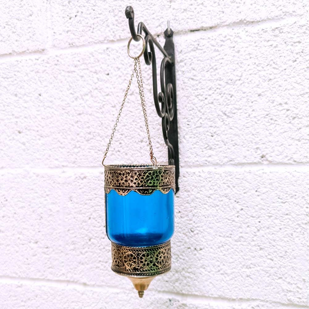 Farol Portavelas Lampara Colgante de Cristal y Alpaca -Azul- Decoración Andalusí Iluminación Árabe - Modelo Zuyaya