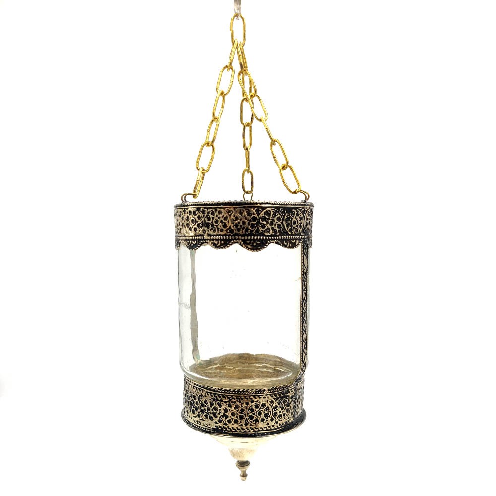 Farol Portavelas Lampara Colgante de Cristal y Alpaca -Transparente- Decoración Andalusí Iluminación Árabe - Modelo Zuyaya