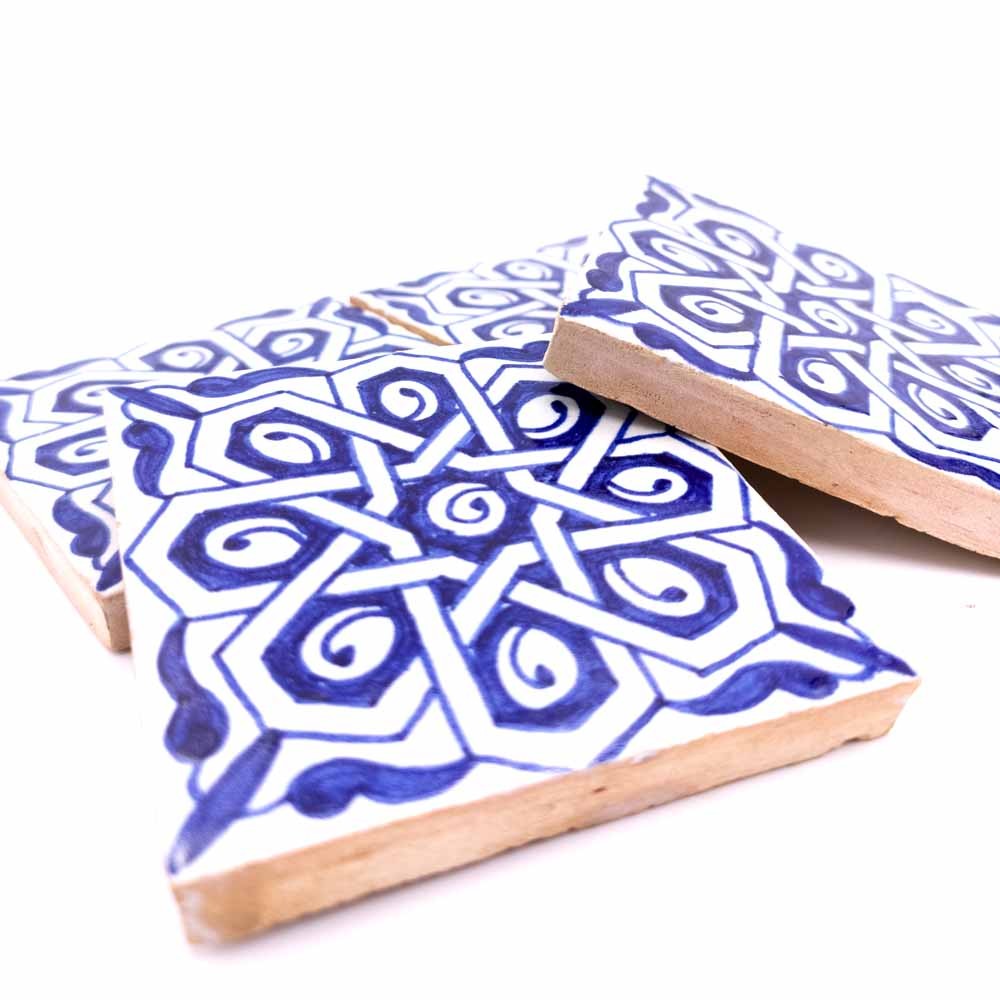 Azulejo Decorativo Andalusí -10x10cm Zellige - Azul y Blanco - Artesanía Marroquí - Modelo 91