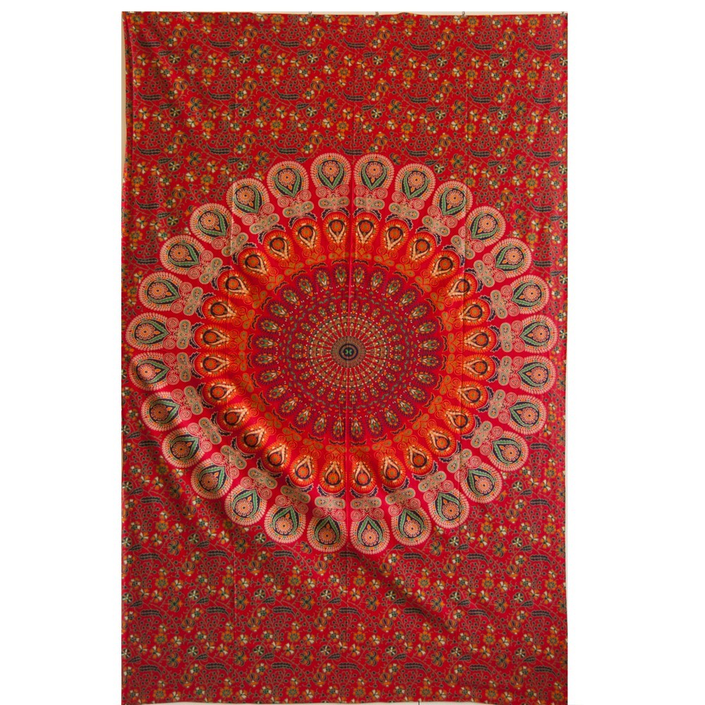 Tela Algodon India - Pluma Pavo Real - Artesana - 240 x 210 cm Roja