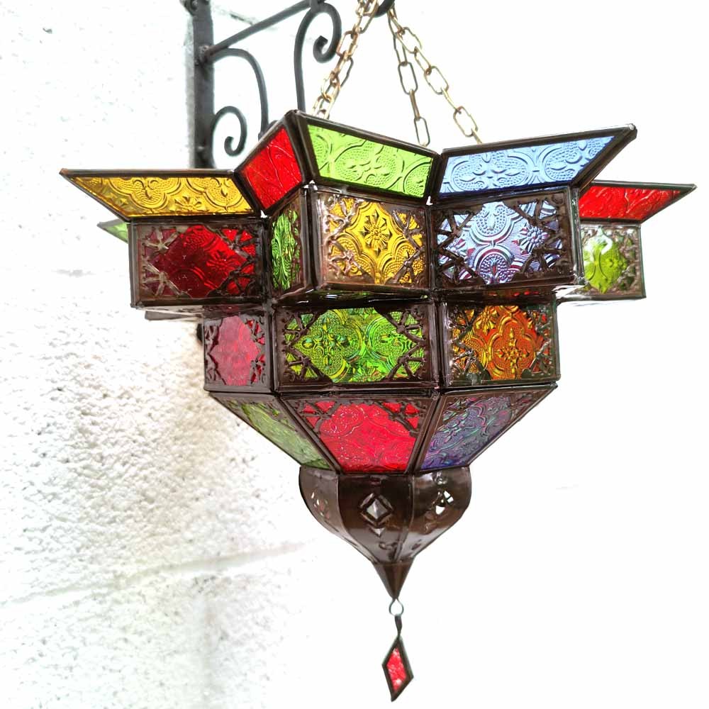 Lampara Plafón Árabe - Cristales Multicolor - Calado Árabe