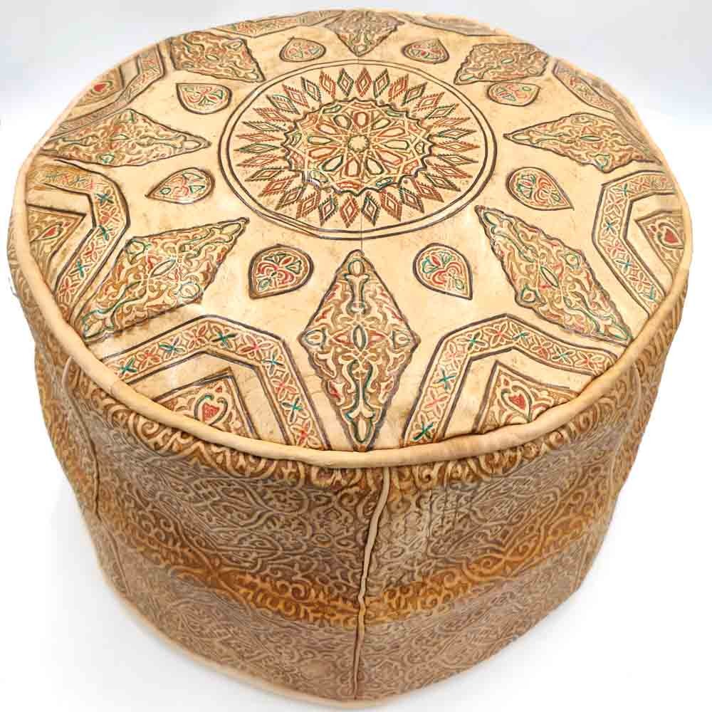 Juego 5 Puff Arabe Piel Camello - Grabados y Relieves Etnicos