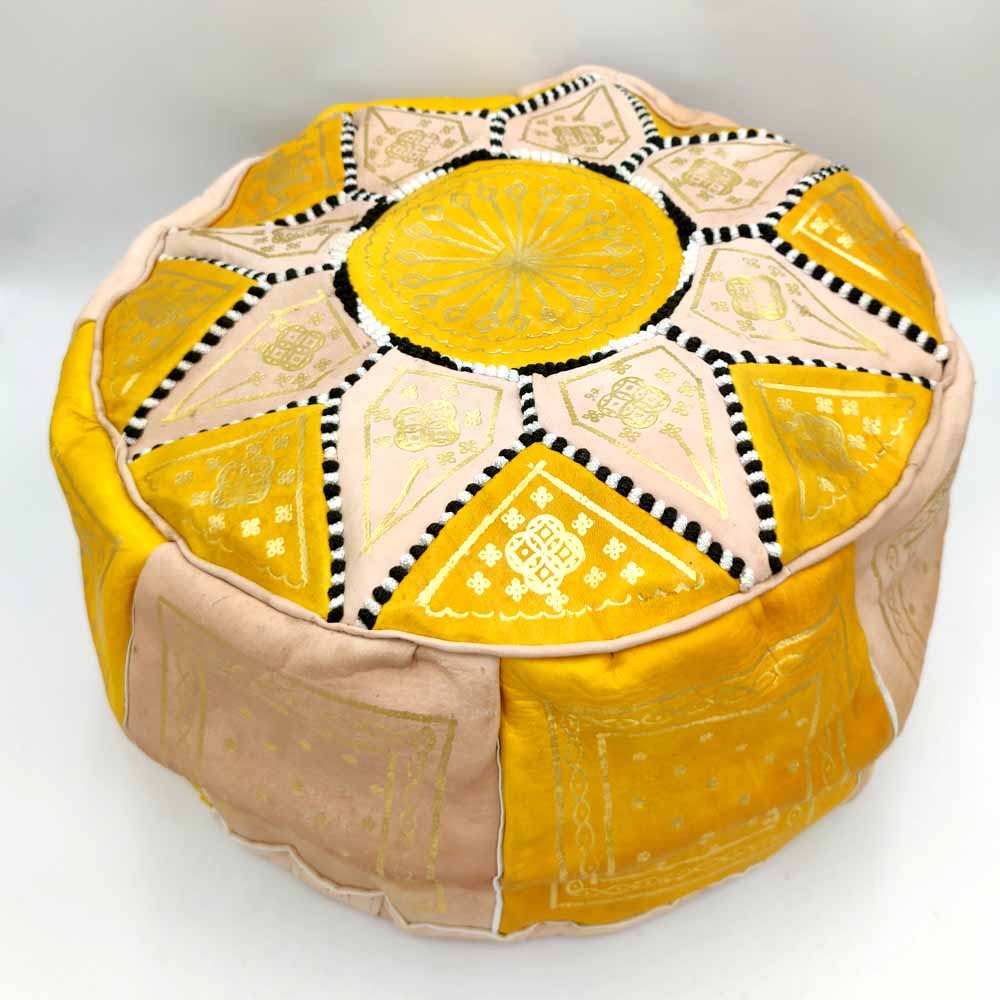 Puff Árabe Cuero 100% - Amarillo - Artesanía Marroquí - Modelo Laun Safri