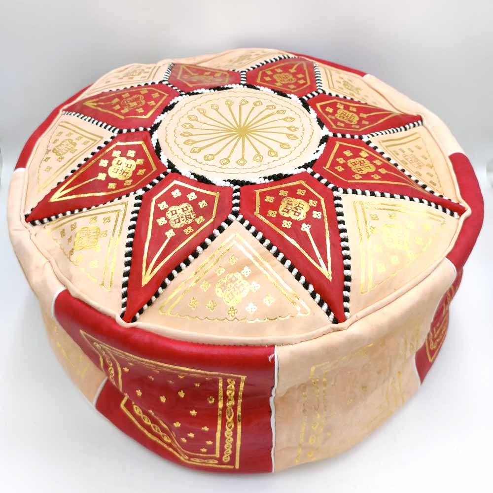 Puff Árabe Cuero 100% - Color Rojo Artesanía Marroquí - Modelo Laun Ahmar