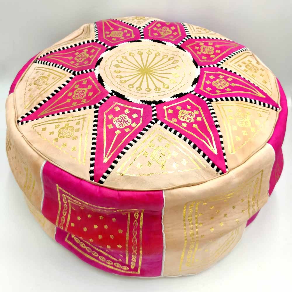 Puff Árabe Cuero 100% - Color Rosa Artesanía Marroquí - Modelo Laun Zahri