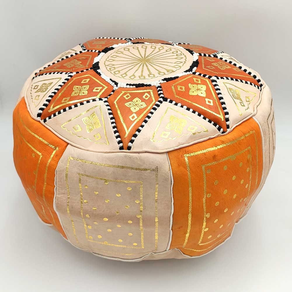 Puff Árabe Cuero 100% - Color Naranja Artesanía Marroquí - Modelo Laun Burtukal