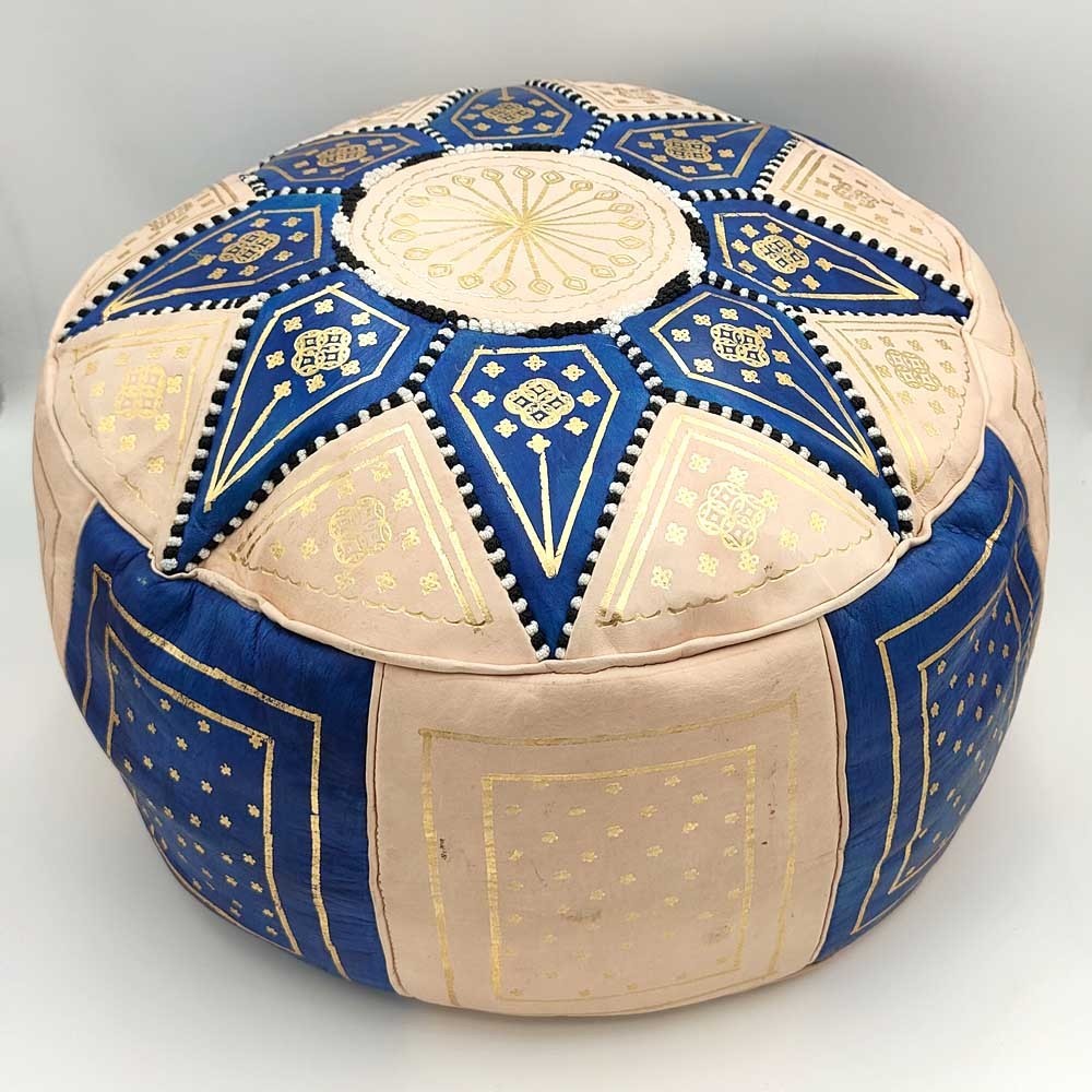 Puff Árabe Cuero 100% - Color Azul Marino Artesanía Marroquí - Modelo Laun Azrak Bahri