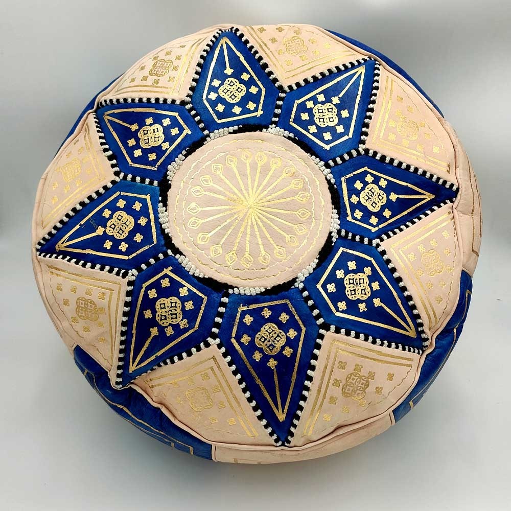Puff Árabe Cuero 100% - Color Azul Marino Artesanía Marroquí - Modelo Laun Azrak Bahri