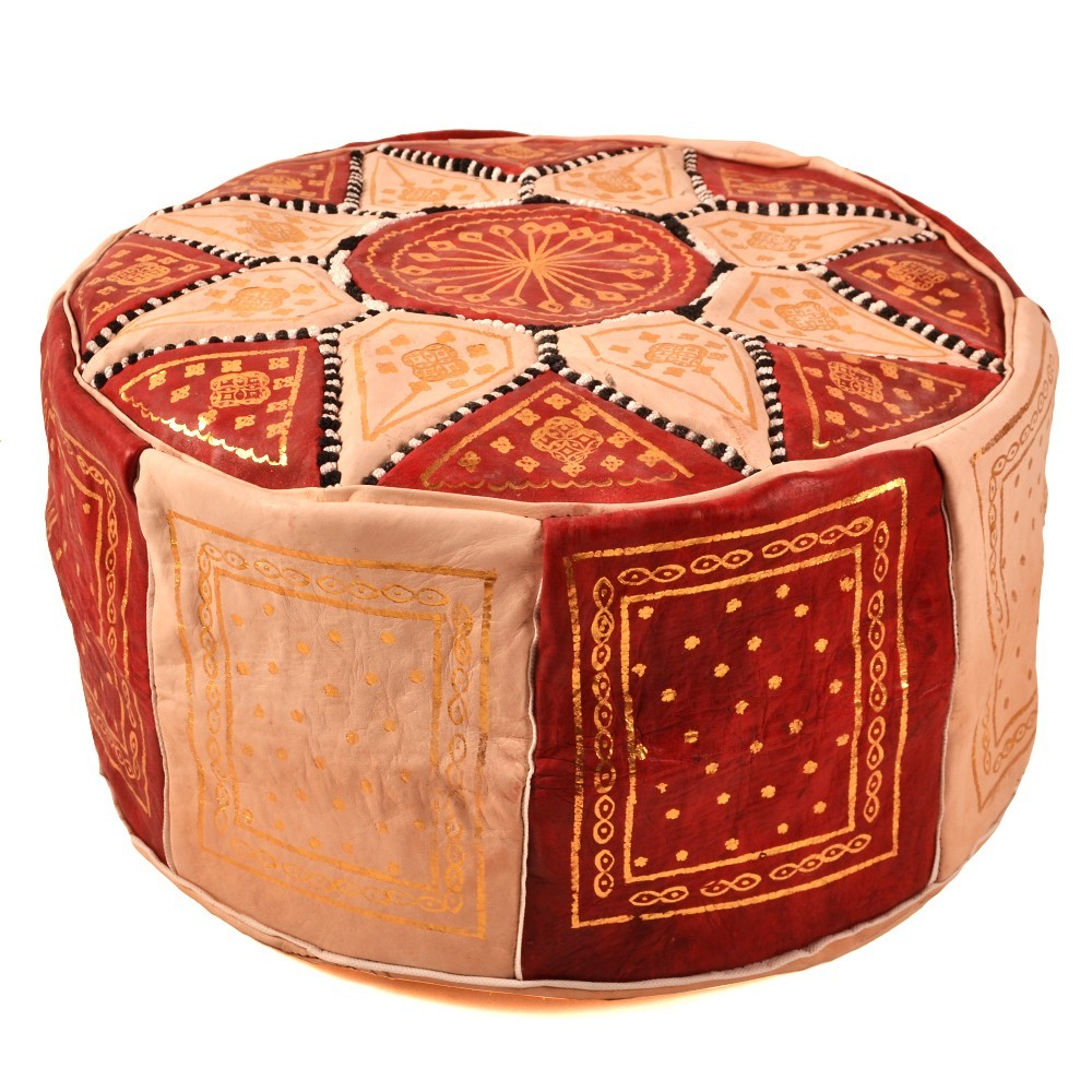 Puff Árabe Cuero 100% - Color Granate Artesanía Marroquí - Modelo Laun Al'Aqiq
