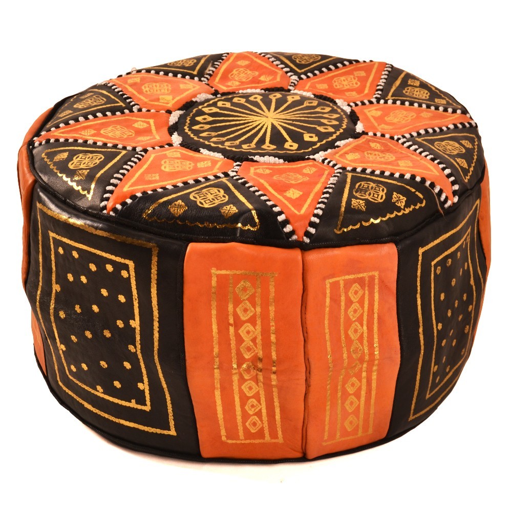 Puff Árabe Cuero 100% - Color Naranja Artesanía Marroquí - Modelo Aswad Burtukal
