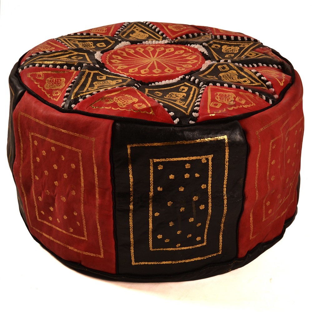 Puff Árabe Cuero 100% - Color Rojo Artesanía Marroquí - Modelo Aswad Ahmar