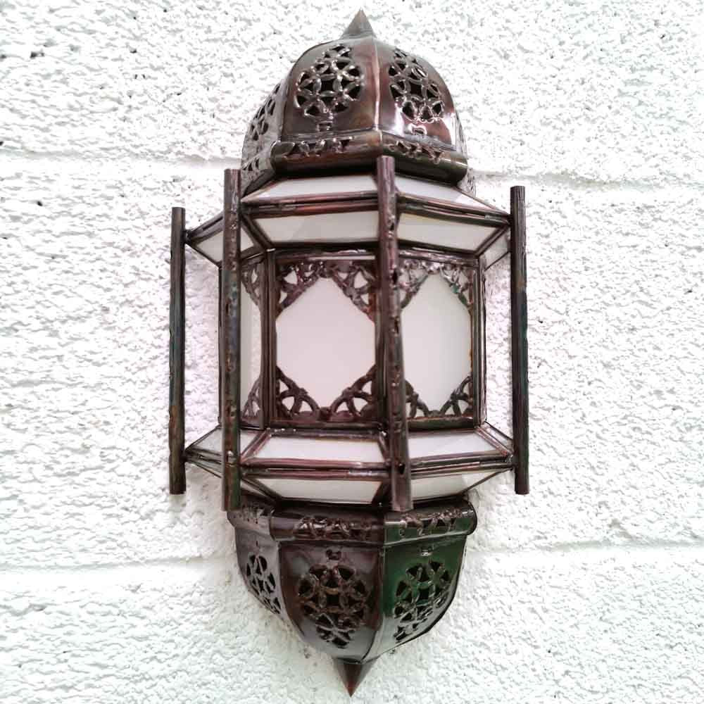 Aplique Pantalla Artesanía Marroquí Metal y Cristal - Color Cobre y Blanco - Modelo Fasia Serie Sable