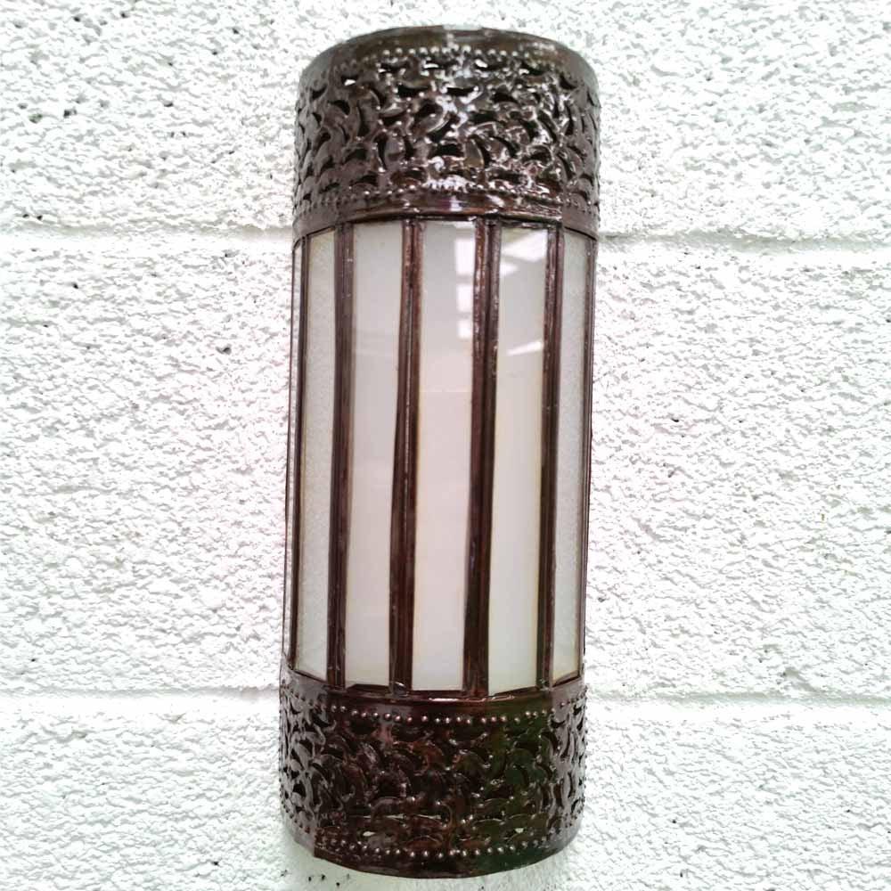 Aplique Pantalla Artesanía Marroquí Metal y Cristal - Color Cobre y Blanco - Modelo Nisfun AbiadSerie Sable