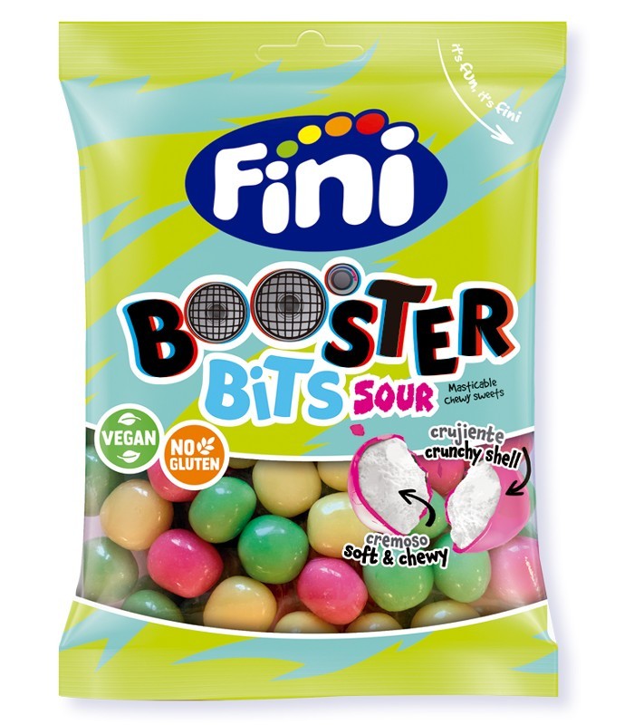 Booster Bits Sour Caramelos Masticable - Golosinas Halal - Sin Gluten y 0% Grasa - Fini - 90 gr