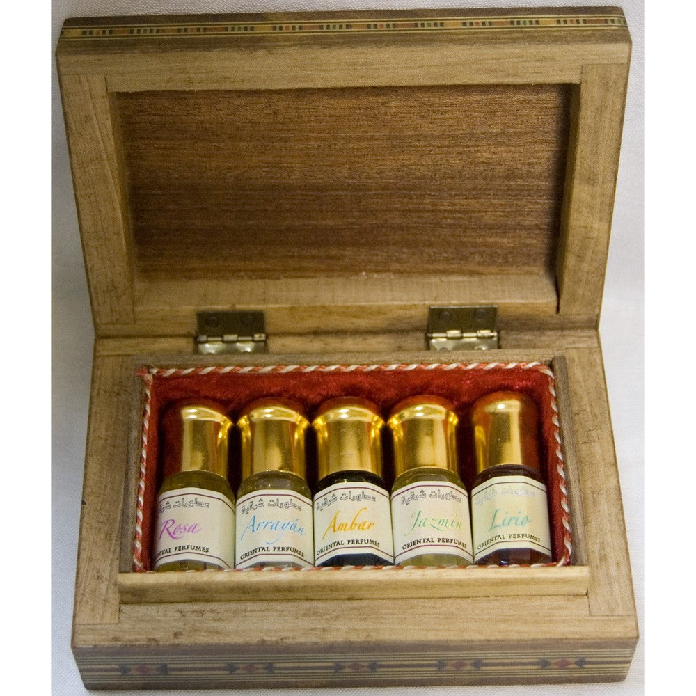 Pack 5 Perfumes Corporales Arabes + Caja de Taracea de Egipto