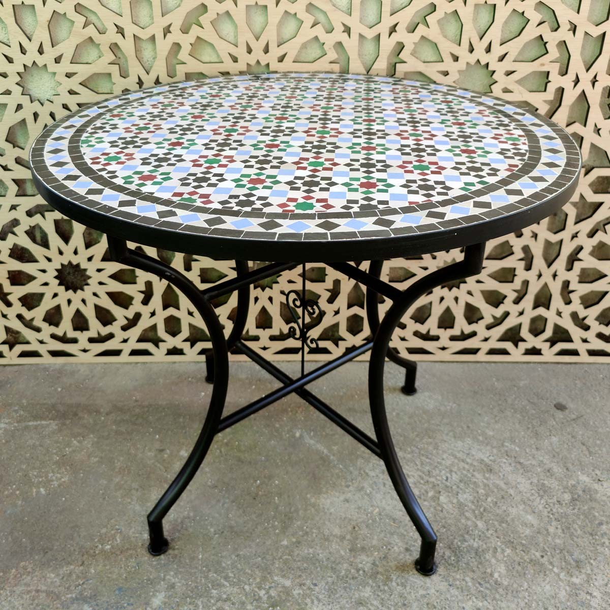 Mesa de mosaico artesanal andalusí jardín terraza árabe verano Modelo Dair Mulawan