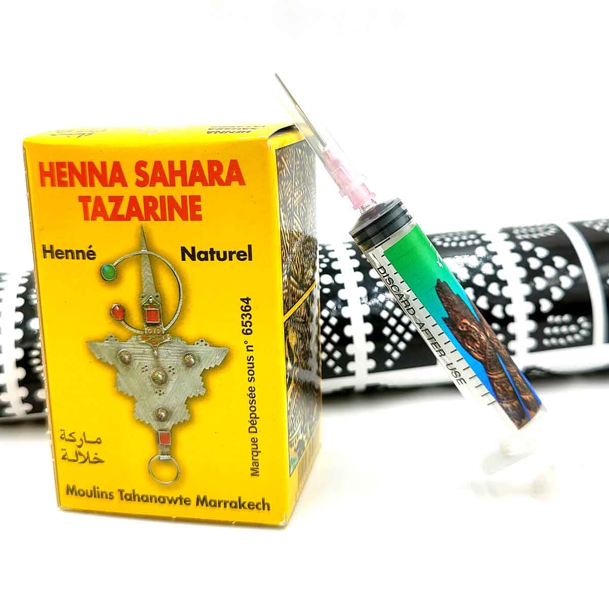 Kit Tatuaje Temporal Natural Henna Marroquí Tazarine + Plantilla + Jeringuilla