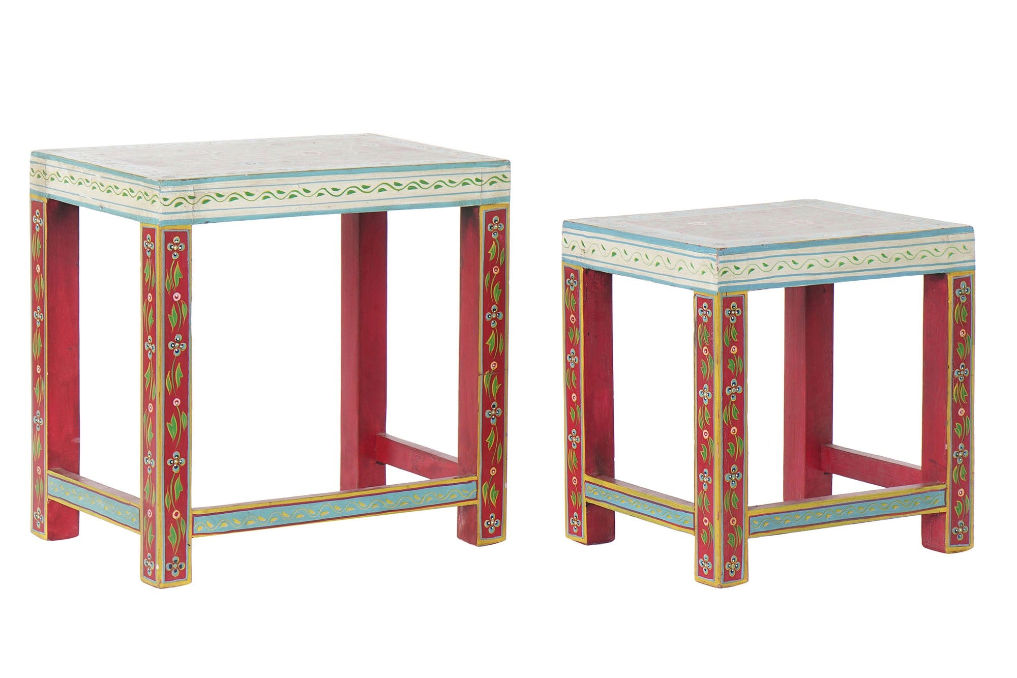 Set de 2 Mesitas Auxiliares de Madera de Mango Pintadas a Mano con Motivos Florales