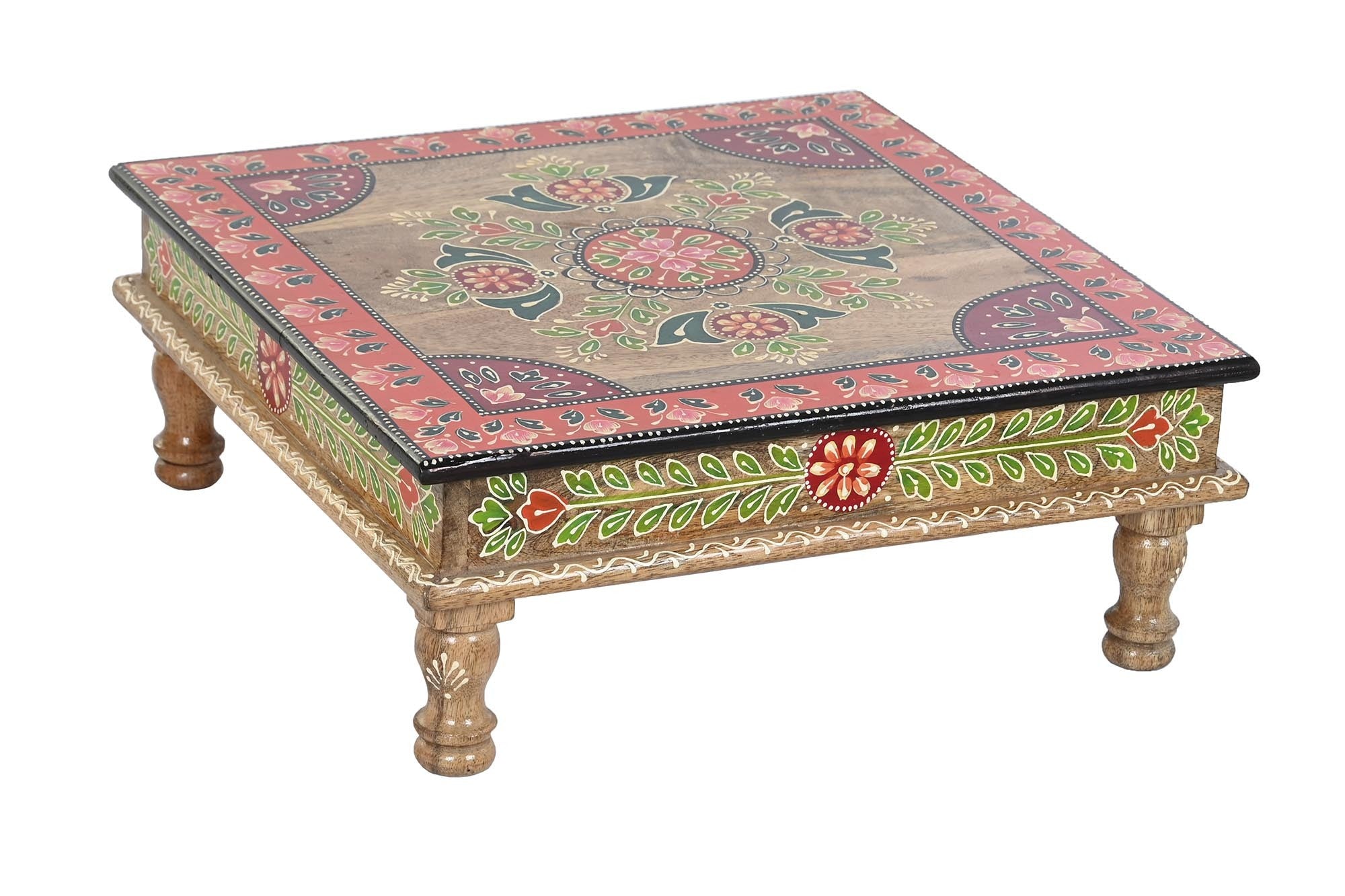 Mesita Auxiliar de MDF y Madera de Mango Pintada a Mano con Motivos Florales - Multicolor