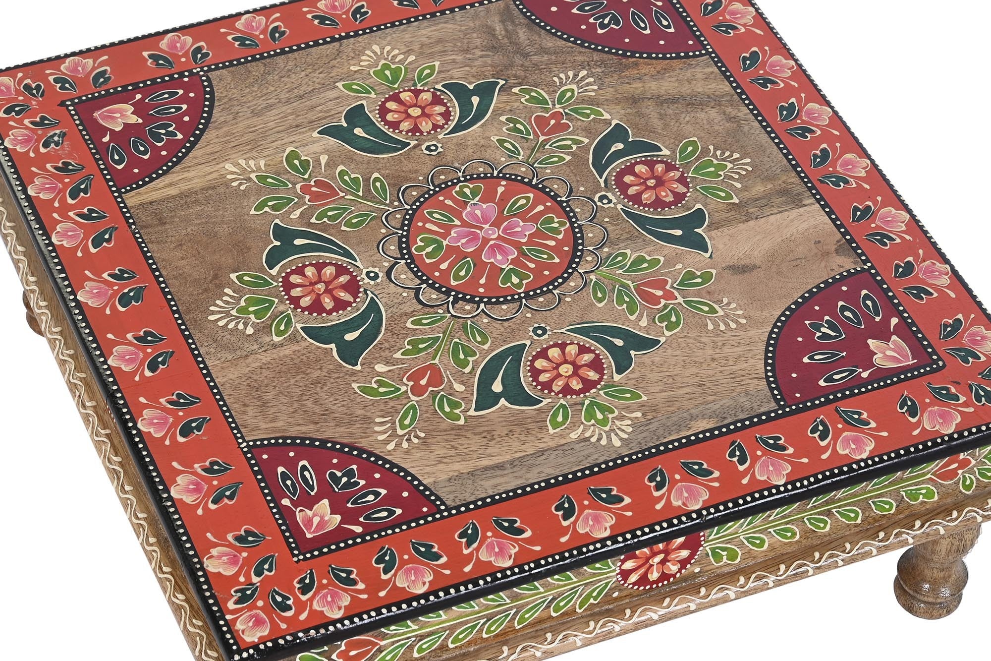 Mesita Auxiliar de MDF y Madera de Mango Pintada a Mano con Motivos Florales - Multicolor