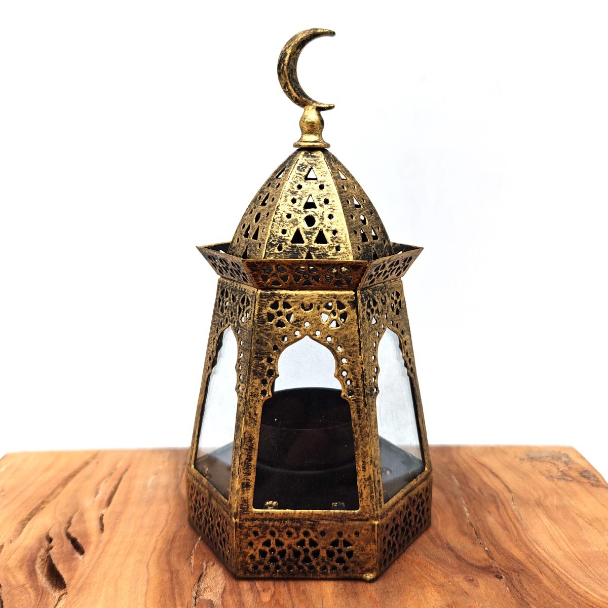 Farolillo Árabe Calado - Dorado Envejecido - Vela - 17 cm x 9 cm - Modelo 044
