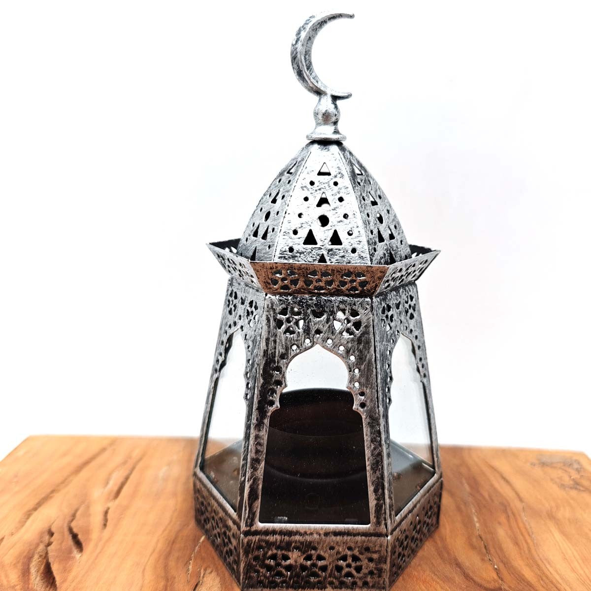 Farolillo Árabe Calado - Plateado - Vela - Modelo Hilalun