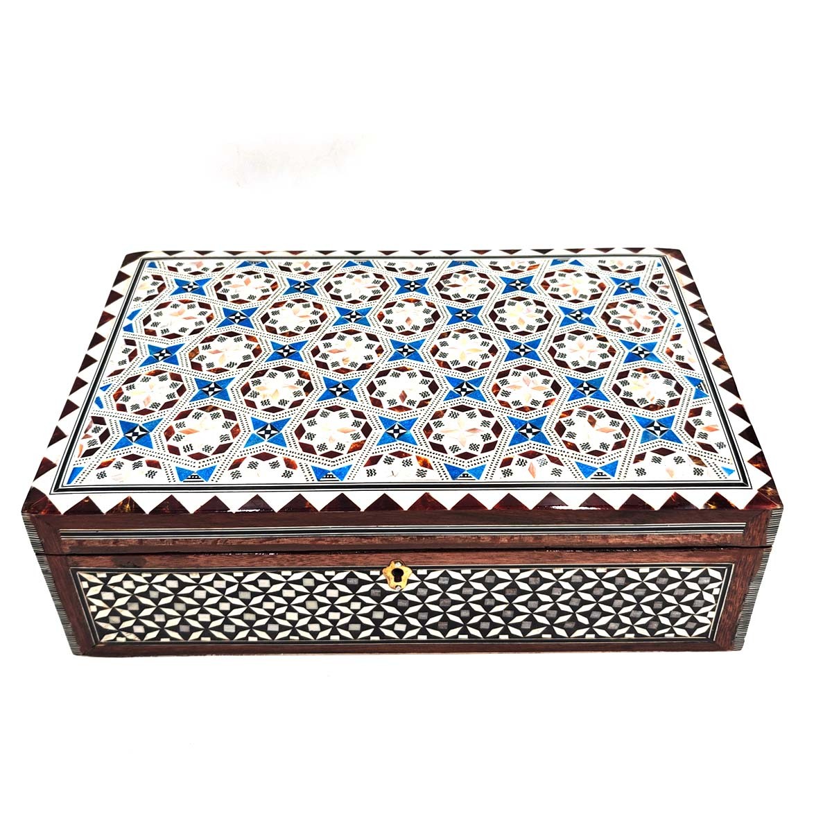 Joyero Rectángular de Taracea Blanca Egipto con Detalles Azules