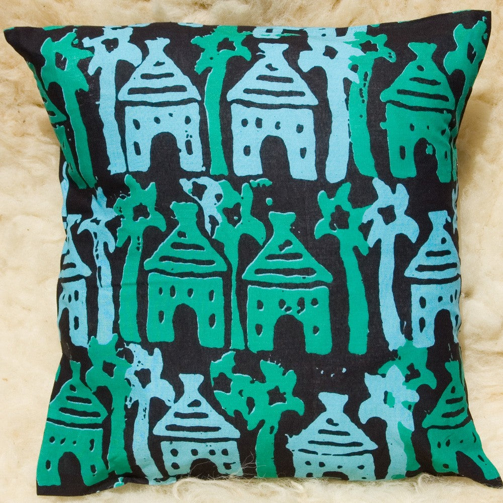 Cojín Africano Etnico- Tela 100% Algodón - Diseño Casas Verdes