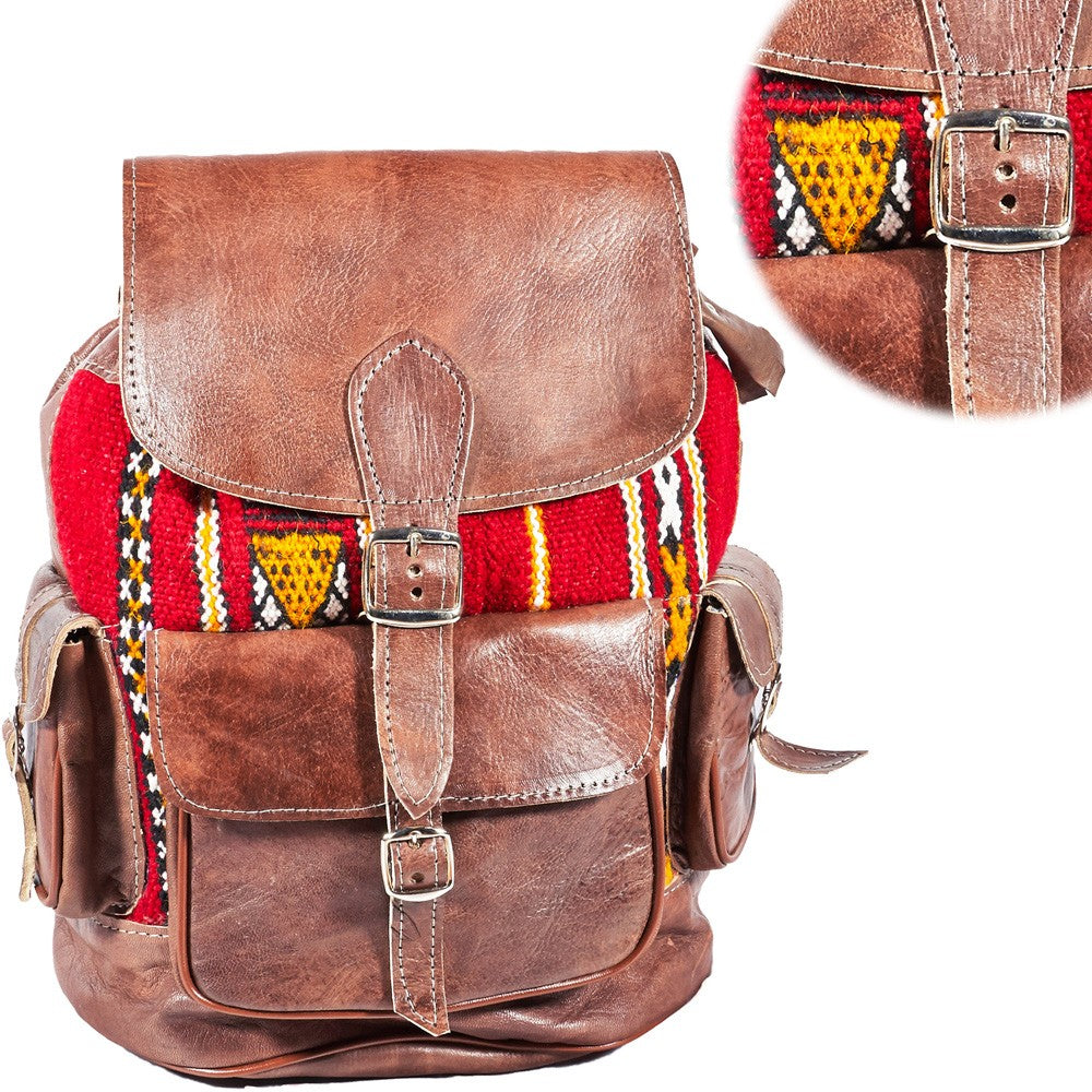 Mochila Cuero Tapíz - Artesanía Etnica Africana-Varios Bolsillos