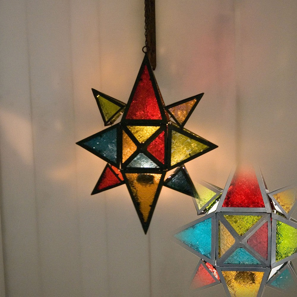 Farol Vela Estrella Multicolor Grande -Calado Arabe-Cadena 35 cm