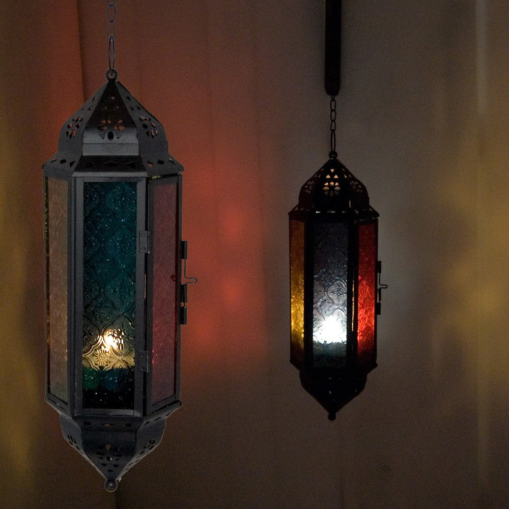Farol Vela Hexagonal Colgar -  Calado Arabe-  Cadena 25 cm