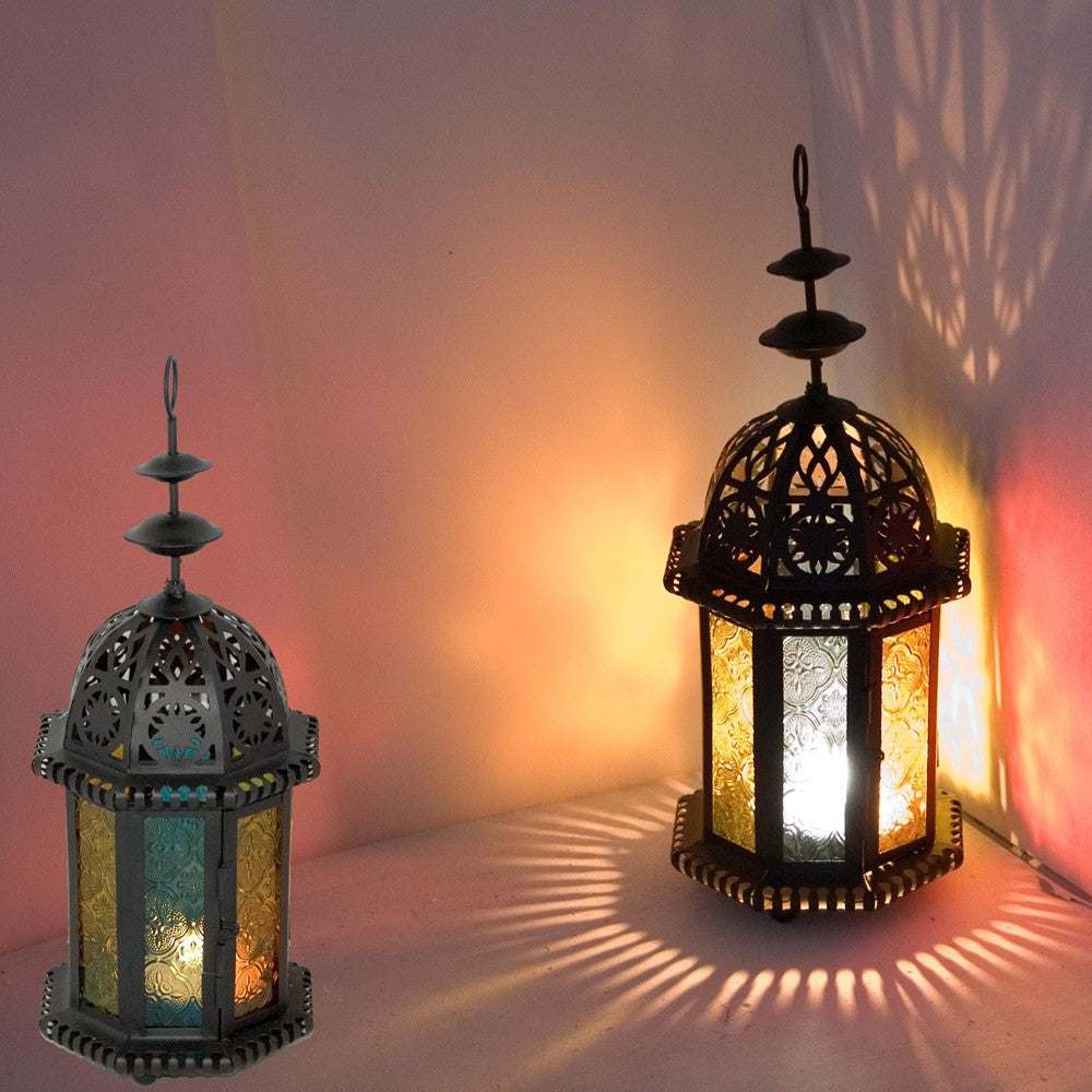 Farol Vela Octogonal  Decorada -  Calado Arabe - Multicolor