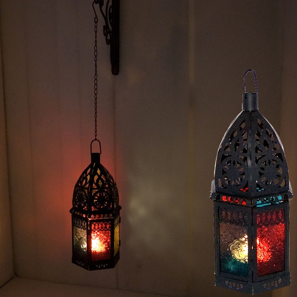 Farol Vela Hexagonal Colores -  Calado Arabe-  Cadena 35 cm