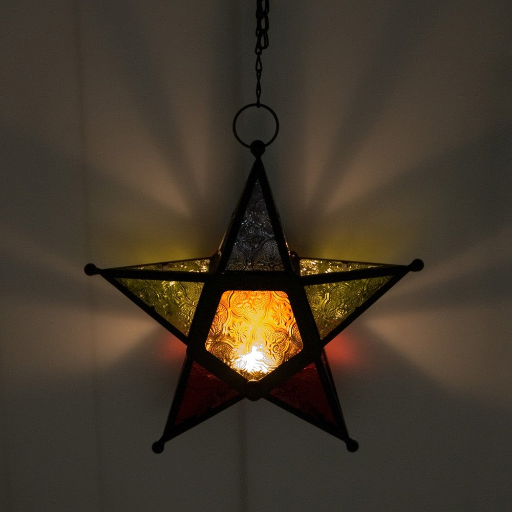 Farol Vela Estrella Multicolor -  Calado Arabe-  Cadena 35 cm