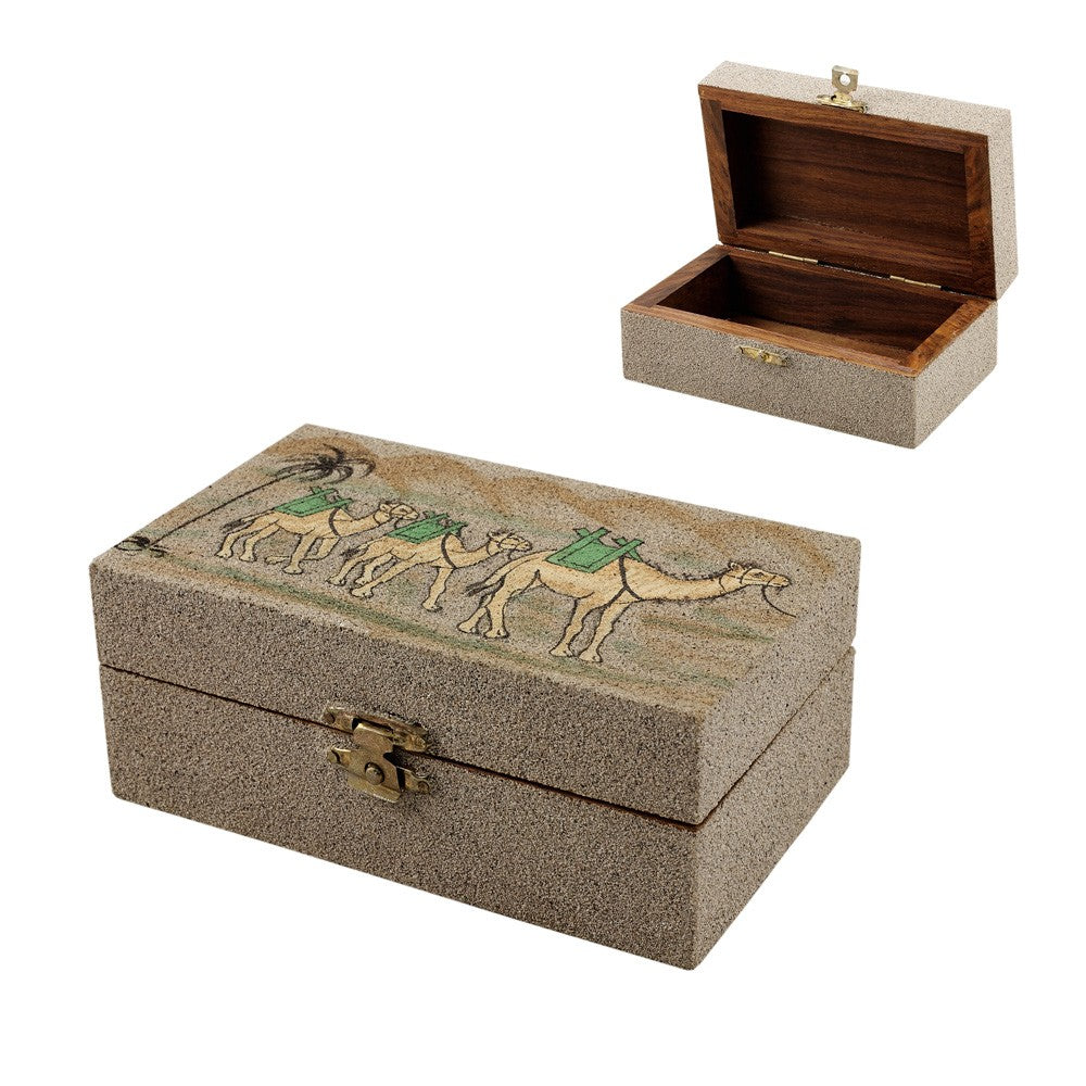 Caja Madera - Diseño 3 Camellos -  Pintado con Tierra - 13 cm