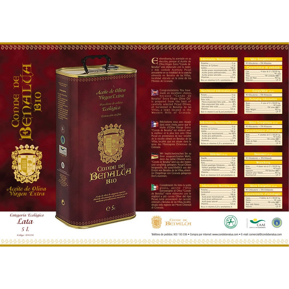 Aceite de Oliva Virgen Extra Ecológico -5 L- Conde de Benalua
