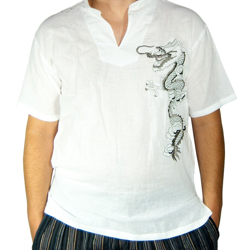 Camisa Blanca Algodón - Diseño Dragón  - Varias Tallas