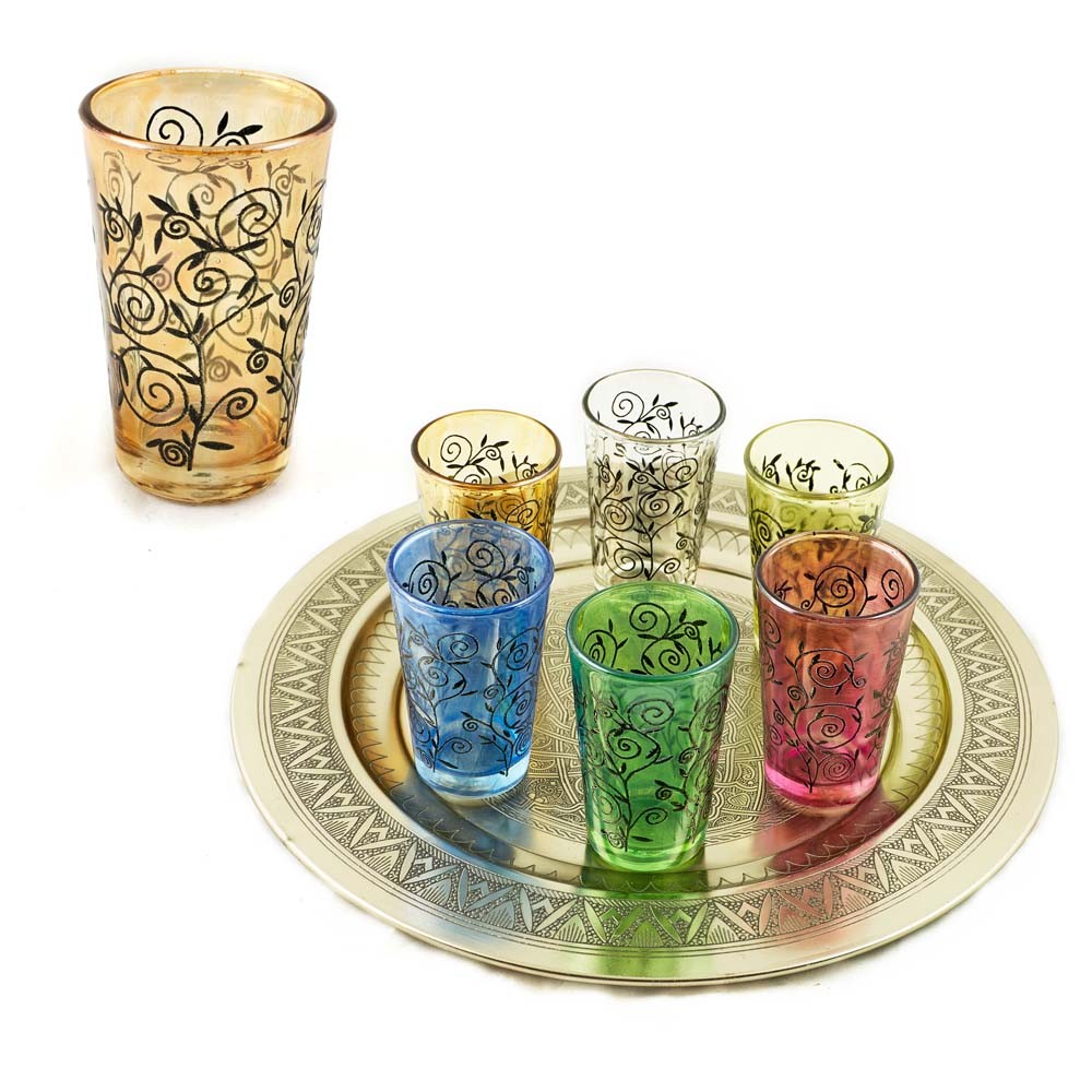 Juego 6 Vasos Té Grabados Completo-Relieve Diseño Floral Henna