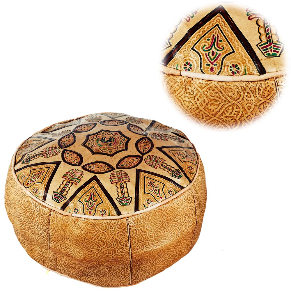 Puff Arabe Piel Camello - Grabados y Relieves Etnicos - 50 cm