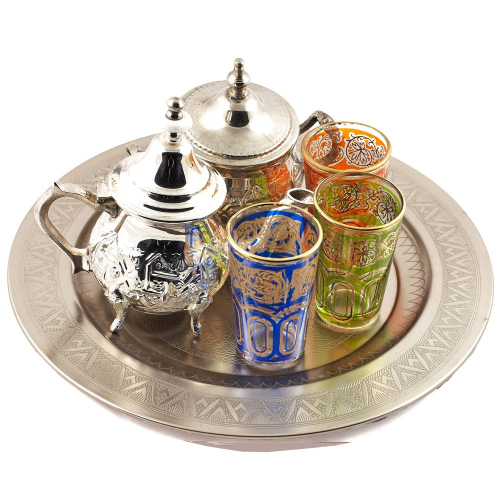 Juego de Té Arabe- Tetera - Bandeja 30 cm - 3 Vasos - Azucarero