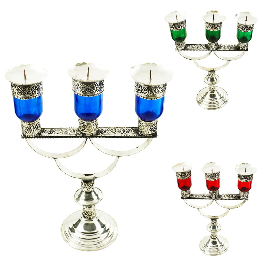 Candelabro Tres Brazos Alpaca y Cristal - 22 cm - Modelo 2