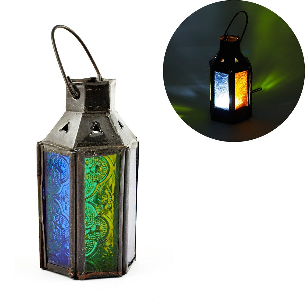 Farol Vela Hexagonal Mini - Cristales Multicolor - 12 cm