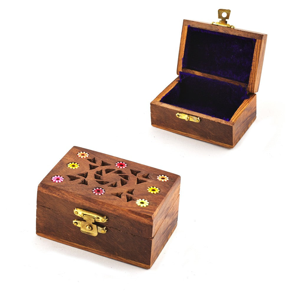 Cajita Madera Flores Incrustadas - Forrada Terciopelo - 7,5 cm