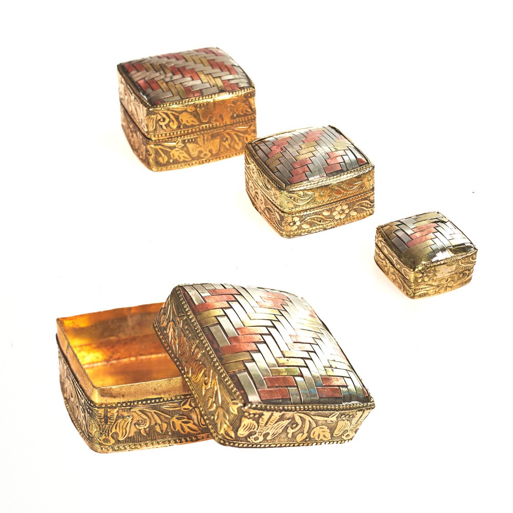 Tres Cajitas Bronce y Alpaca Trenzado - Modelo Cuadrado