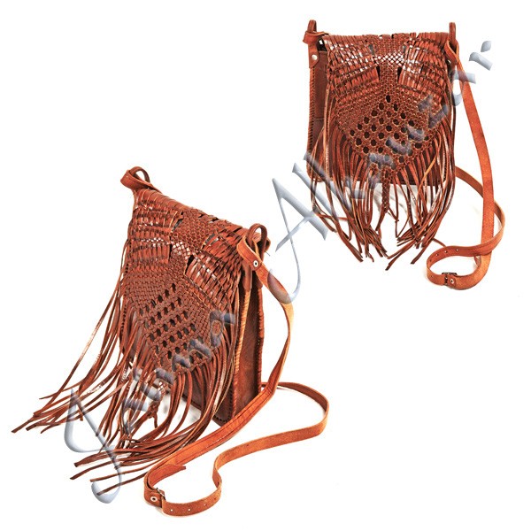 Bolso Cuero Flecos - Artesanal - 2 Colores - 3 Bolsillos-Calidad