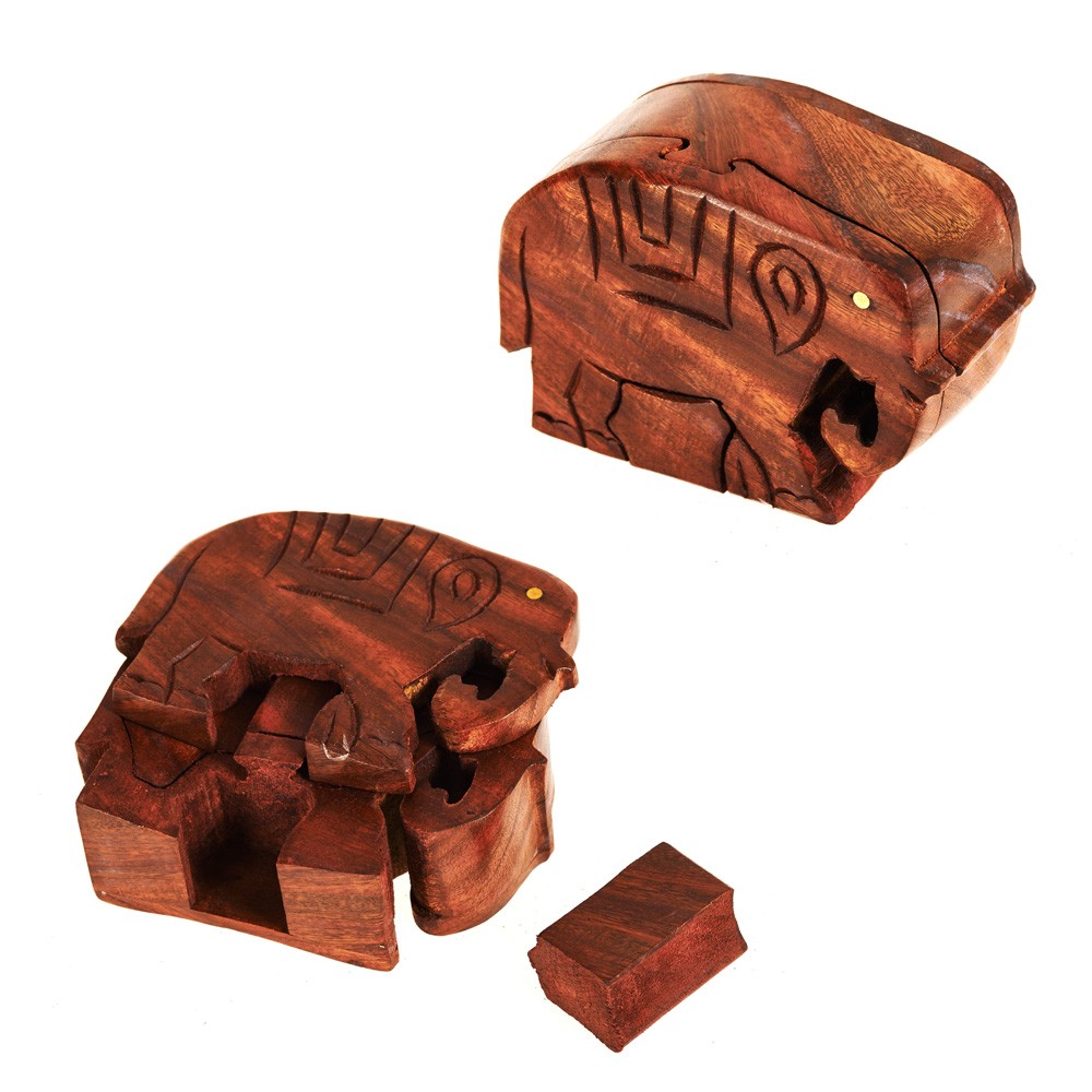Caja Puzzle Elefante Madera - Compartimento Secreto - 11,5 cm