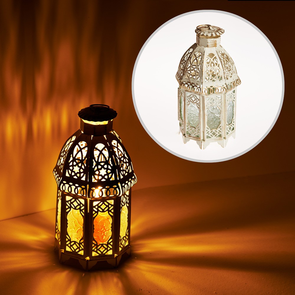 Farol Envejecido- Blanco- Octogonal- Cristal- Trasnparente- 19 cm